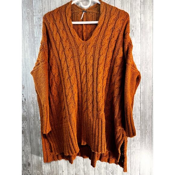 Free People Sweater Womens XS Orange Cotton Cable Knit Pullover‎ V Neck Rib Vent - Picture 1 of 8